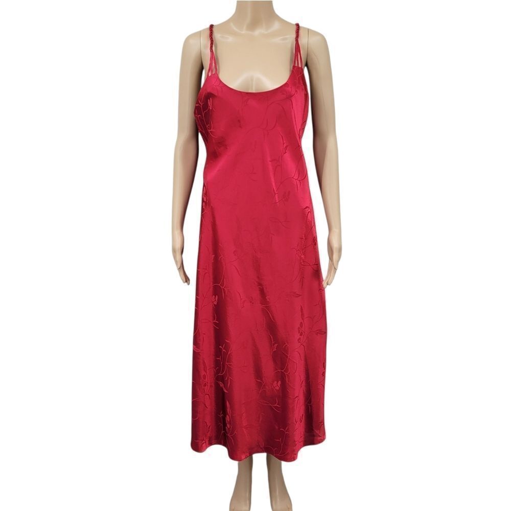 Inner Most Vintage Satin Jacquard Red Midi Slip Dress Nightgown